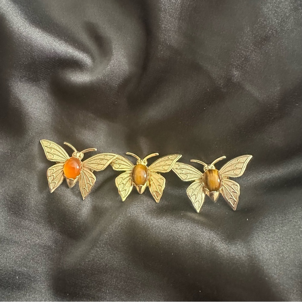 Three Tiger’s Eye and Orange Colored Butterfly Brooches Gold Tone Textured 1.5"